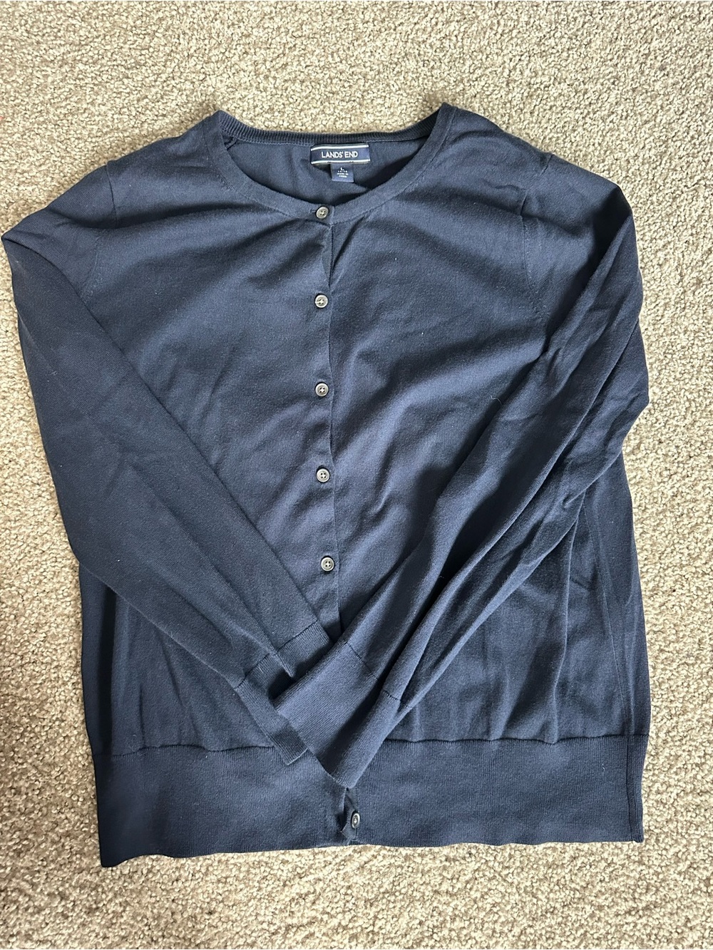 Lands' End Navy Crewneck Button Cardigan Sweater